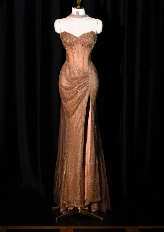 Gorgeous Strapless Sequin Beaded Slit Mermaid Evening Dress Long Prom Gowns With Scarf SP2234
