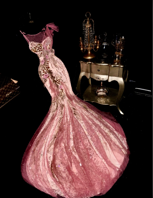 Vintage Pink Tulle Sequin Appliques Mermaid Long Party Dress Formal Birthday Prom Dresses SP1418