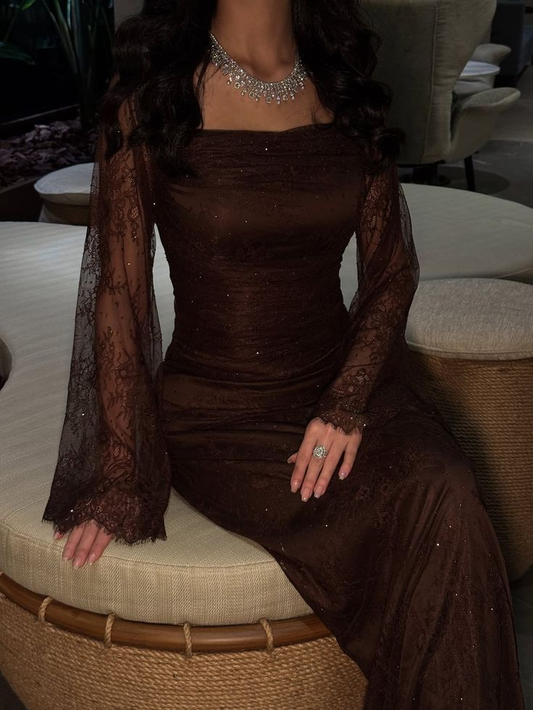 Vintage Brown Lace Mermaid Long Wedding Guest Dress Party Dress SP1278