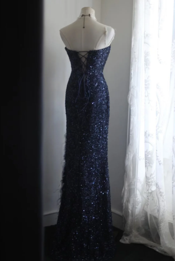 Elegant Strapless Navy Blue Sequin Feathers Slit Mermaid Evening Dress Long Birthday Prom Gown SP1172