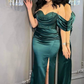 Green Off-the-Shoulder Satin Pleated Long Prom Dress with Slit Y5246