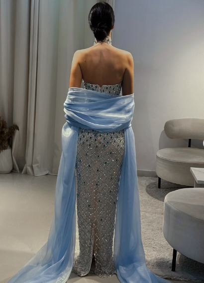 Gorgeous Strapless Blue Sequin Beaded Sheath Long Party Dress Formal Birthday Party Gown SP772