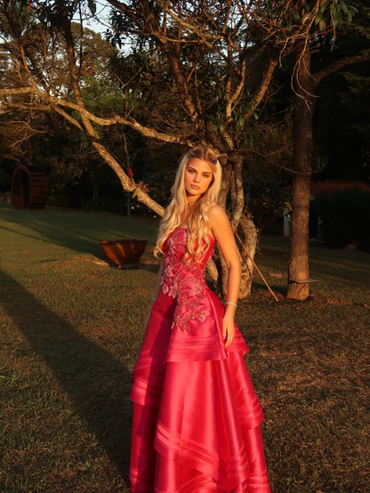 Gorgeous Hot Pink Strapless Satin Beaded Long Party Dress Prom Dress SP3101