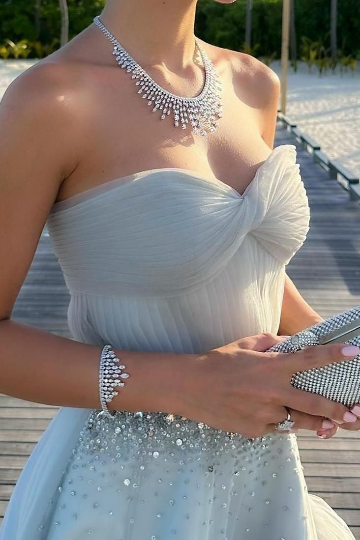 Elegant Strapless Blue Tulle Beaded Long Birthday Prom Dress Evening Gown Formal Wedding Guest Dress SP1432