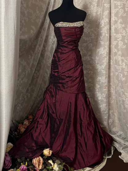 Pretty Burgundy Strapless Beaded Satin Pleated Mermaid Long Wedding Guest Dress Party Dress SP1379