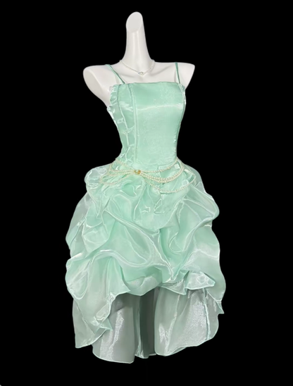 Charming Pink Satin Organza Short Graduation Homecoming Dress,Spaghetti Straps Short Prom Gown SP3531