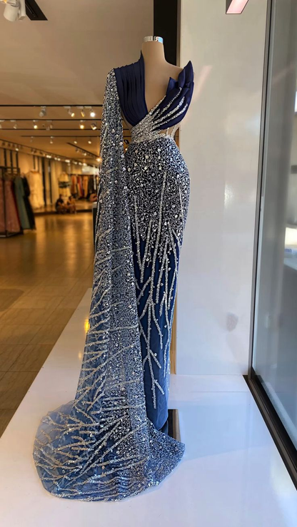 Navy Blue One Shoulder Evening Dresses V Neck Prom Gowns Custom Made Sequin Sparkly Formal Party Dresses Y4936