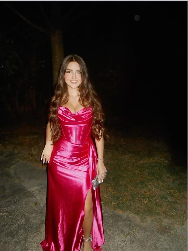 Classy Pink Satin Slit Mermaid Long Evening Dress Spaghetti Straps Long Wedding Guest Dress SP3773