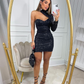 Cute One Sleeve Black Sequins Short Homecoming Dresses  Y2576