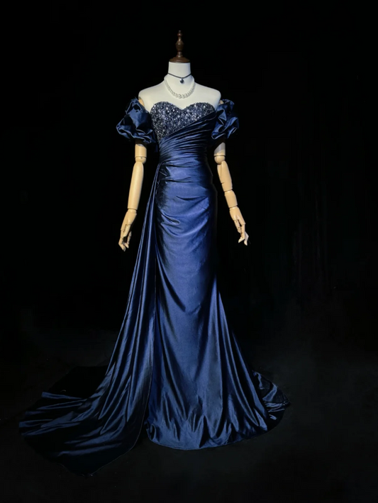 Elegant Off The Shoulder Navy Blue Satin Beaded Mermaid Long Evening Dress 18th Birthday Outfits SP1960