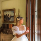Square Neck White Tulle Short Homecoming Dress With Puff Sleeves Y2375