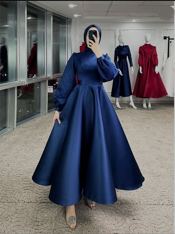 green emerald velvet dress Modest Navy Blue A-line Satin Prom Dress,Muslim Dress Y6983 –  Simplepromdress
