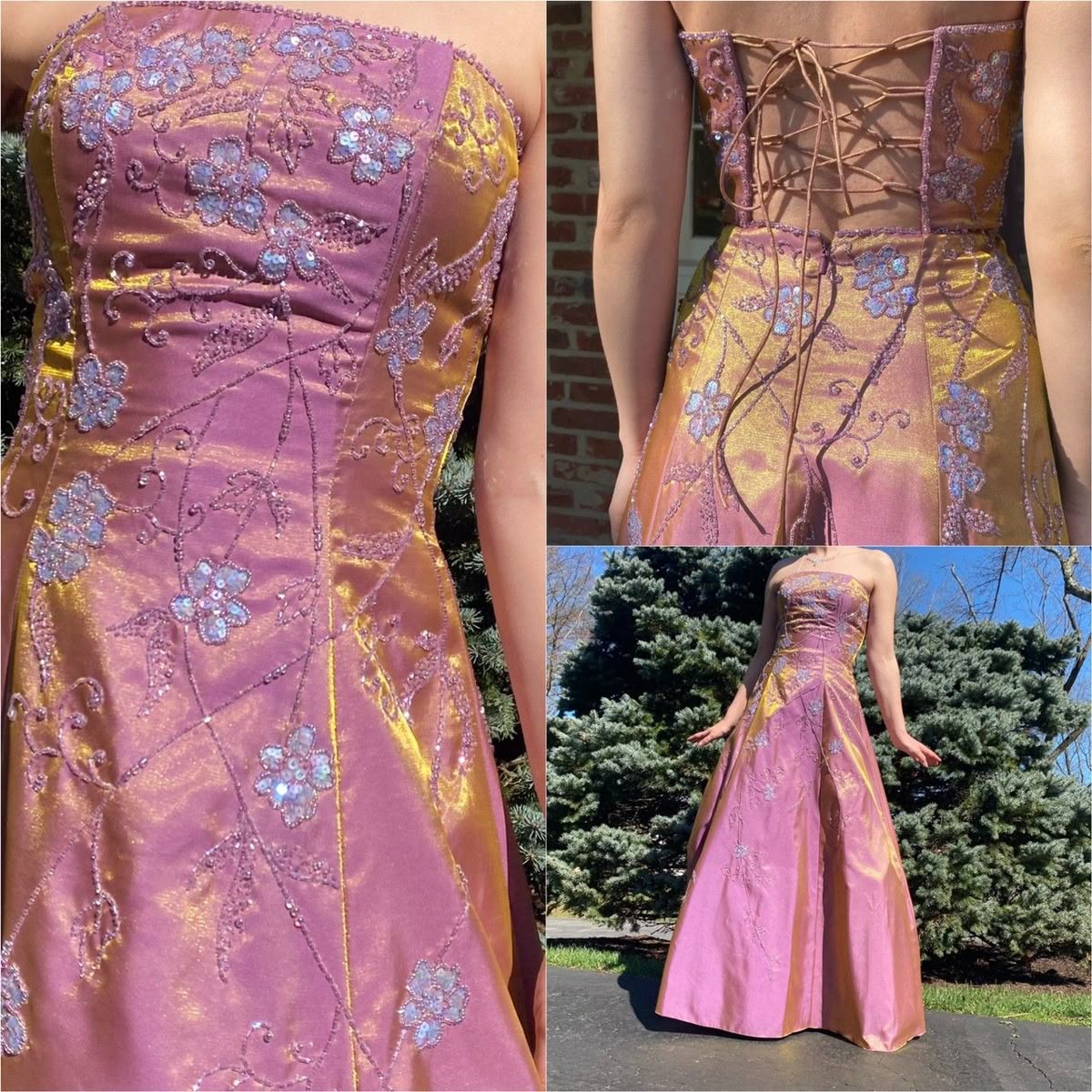 Charming Pink Strapless Satin Sequin Beaded A Line Long Evening Dress Birthday Party Gown SP2129