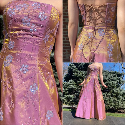 Charming Pink Strapless Satin Sequin Beaded A Line Long Evening Dress Birthday Party Gown SP2129