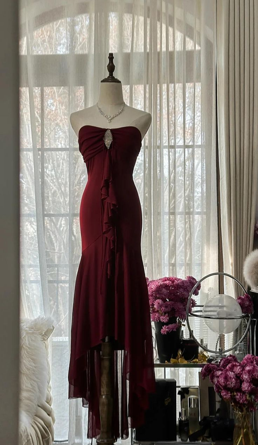 Sexy Burgundy Mermaid Chiffon Prom Dress Strapless Graduation Party Dress Y8783