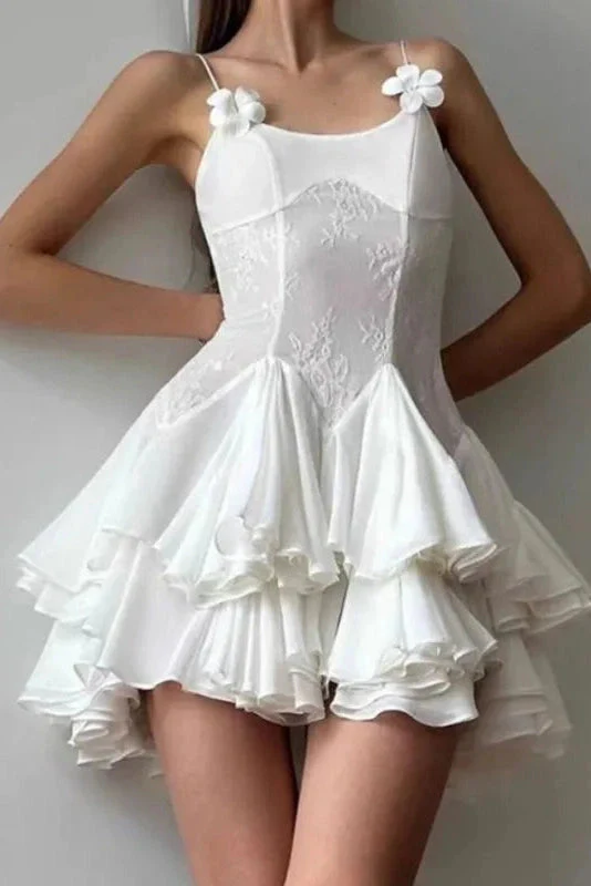 Classy Spaghetti Straps Chiffon Lace A Line Short 16th Birthday Outfits,White Formal Graduation Homecoming Dress SP2644
