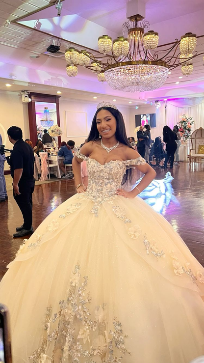 Champagne quince dress with flowers forest sweet 16 dress off the shou – Simplepromdress Champagne quince dress with flowers forest sweet 16 dress off the shou – Simplepromdress