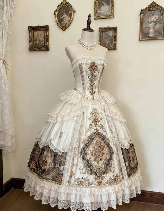 Retro Strapless Satin Lace Ball Gown Formal Quinceanera Dress  SP315