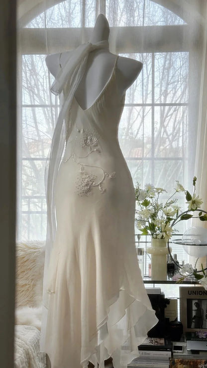 Vintage Ivory Chiffon Beaded Evening Dresses, Elegant Mermaid Party Gowns Y8698