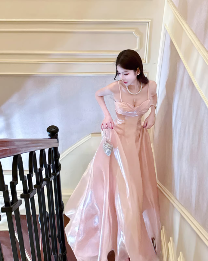 Sweet Spaghetti Straps Pink Satin Long Party Dress Birthday Dress SP1984