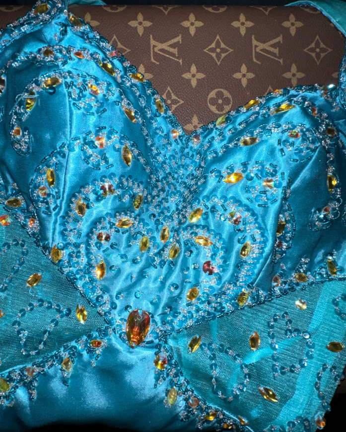 Classy Halter Blue Satin Beaded Mermaid Long Birthday Prom Dress Evening Gown SP1066