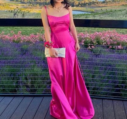 Classy Spaghetti Straps Hot Pink Satin A Line Long Party Dress Wedding Guest Dress SP2139