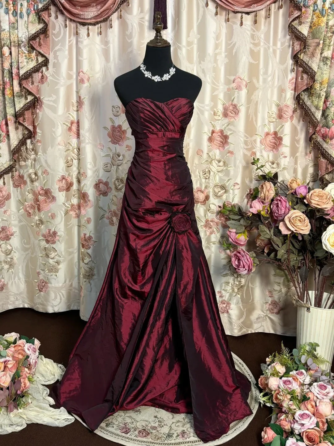 Charming Strapless Burgundy Satin Pleated Mermaid Long Wedding Guest Dress Formal Birthday Party Dress SP1380