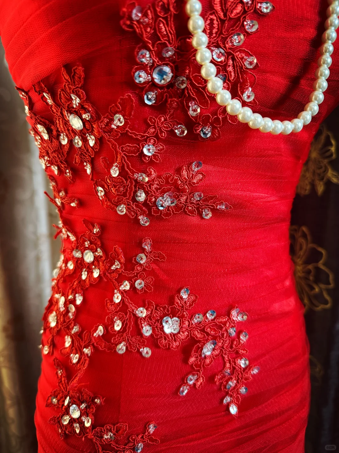 Gorgeous Strapless Satin Tulle Appliques Beaded Prom Dress Red Mermaid Long Evening Dress SP2382
