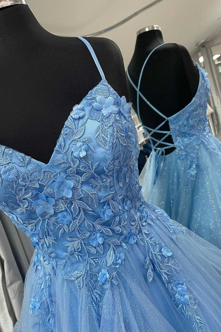 Blue Floral Appliques Lace-Up Rufflues A-Line Prom Dress Y6567