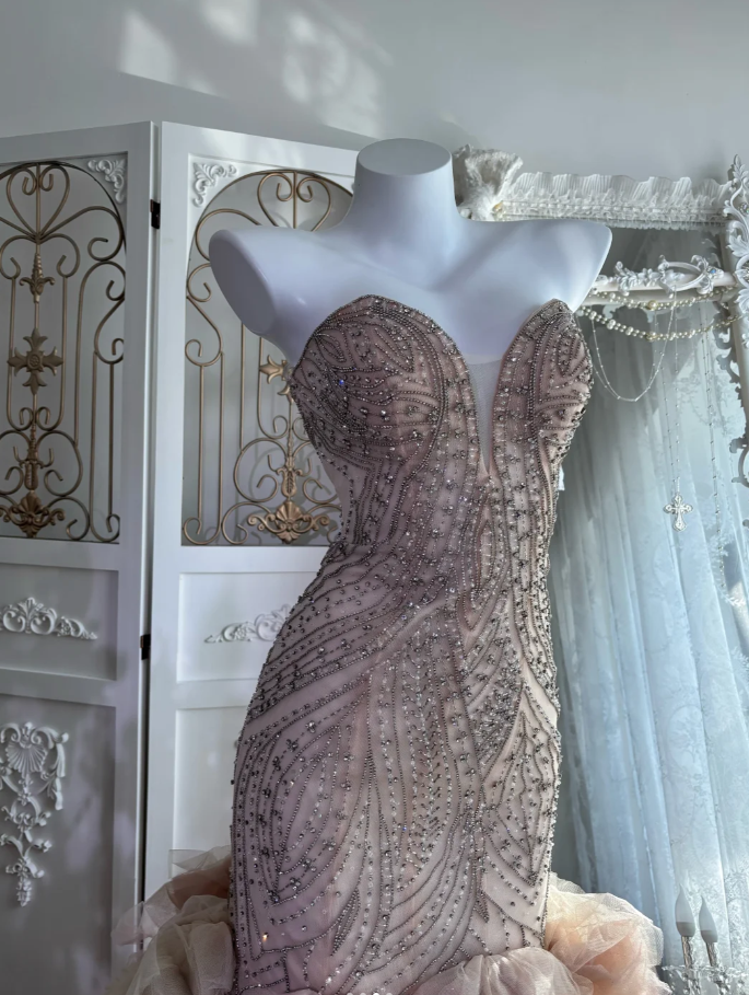 Pretty Sweetheart Neck Nude Pink Tulle Beaded Mermaid Long Party Dress Formal Wedding Guest Dress SP1459