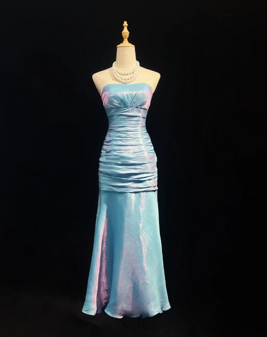 Dreamy Strapless Satin Pleated Mermaid Long Birthday Prom Dress Evening Gown,Blue Wedding Guest Dress SP1436