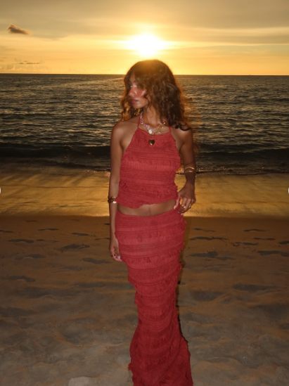 Sexy Red Two Piece Ruffle Party Gown,Halter Backless Evening Dress Y8734