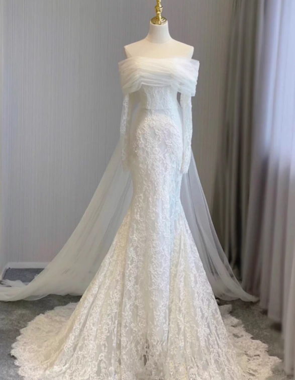 Gorgeous Off The Shoulder Tulle Lace Mermaid Long Wedding Dress White Bridal Dresses SP2022