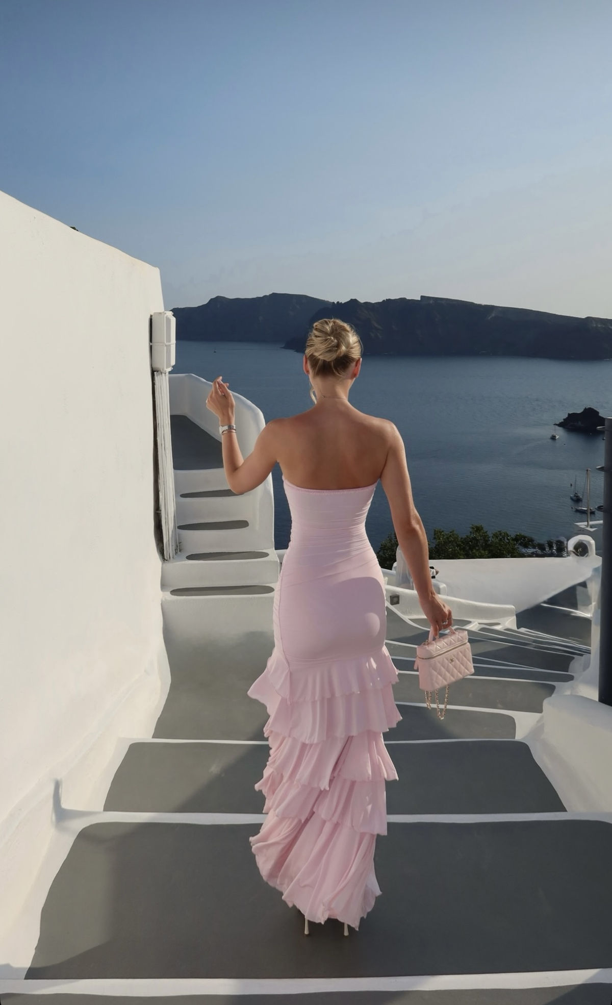 Classy Strapless Pink Chiffon Ruffles Layered Mermaid Party Dress Slit Long Wedding Guest Dress SP1127