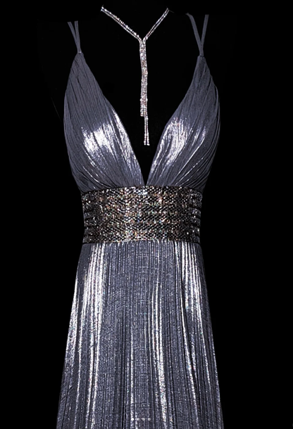 Chic Silver Gray Deep V Satin Pleated Beaded Evening Dress Formal Birthday Prom Dress SP478