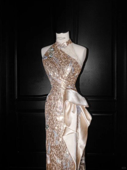 Glitter Champagne Gold Sequin Sheath Prom Dress,Halter Long Evening Dress Y8653