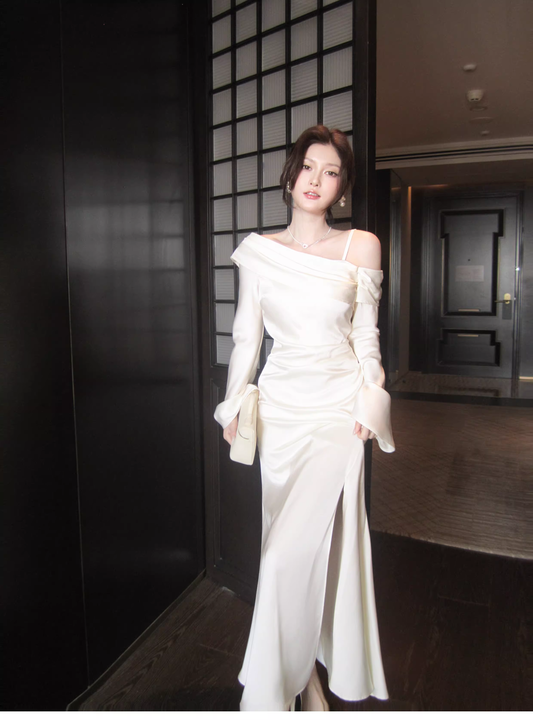 Classy Light Apricot Off The Shoulder Mermaid Slit Long Party Dress Prom Gown Formal Wedding Guest Dress SP1494