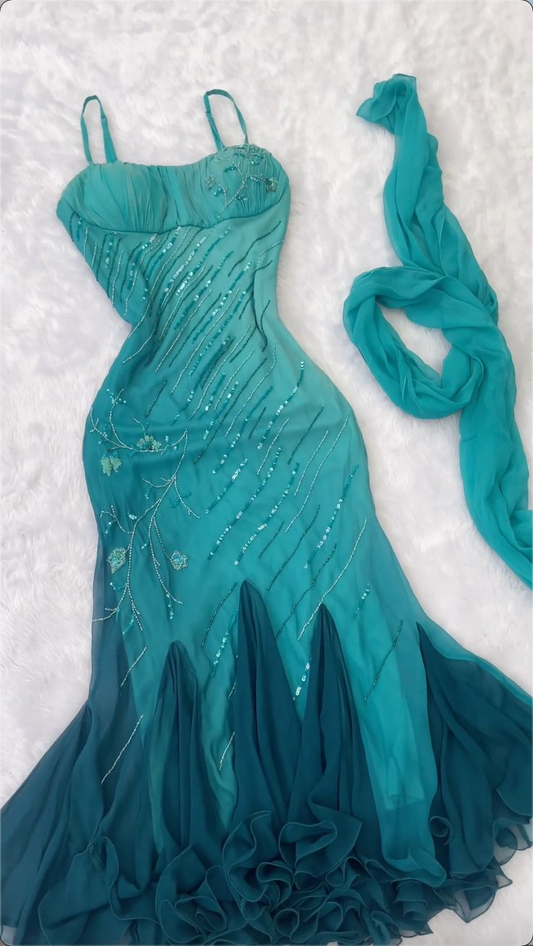 Unique Spaghetti Straps Ombre Blue Chiffon Beaded Mermaid Long Evening Dress Birthday Dress SP1806