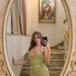 Sexy Halter Avocado Green Lace Sequin Mermaid Long Party Dress Birthday Prom Dresses SP1336