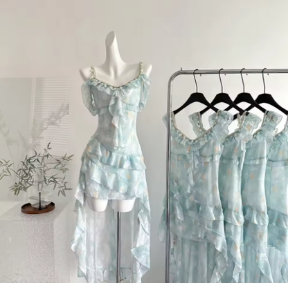 Vintage Chiffon Blue Mini Ruffle Party Dress Prom Gown Y8758