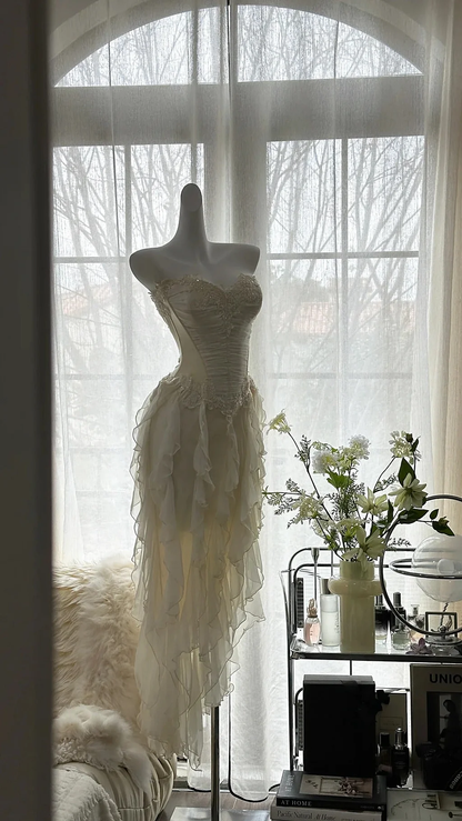 Chic Off White Chiffon Ruffles Party Dress,Strapless Appliques Prom Dress Y8743