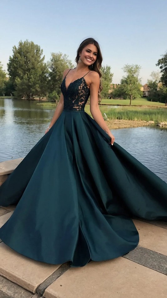 Classy Spaghetti Straps V Neck Dark Green Lace Appliques Satin Long Prom Dress Party Dress SP378