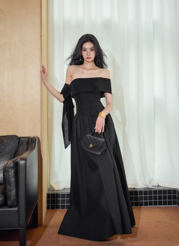 Chic Off The Shoulder Black Satin A Line Long Evening Dress Formal Wedding Guest Dress SP2087
