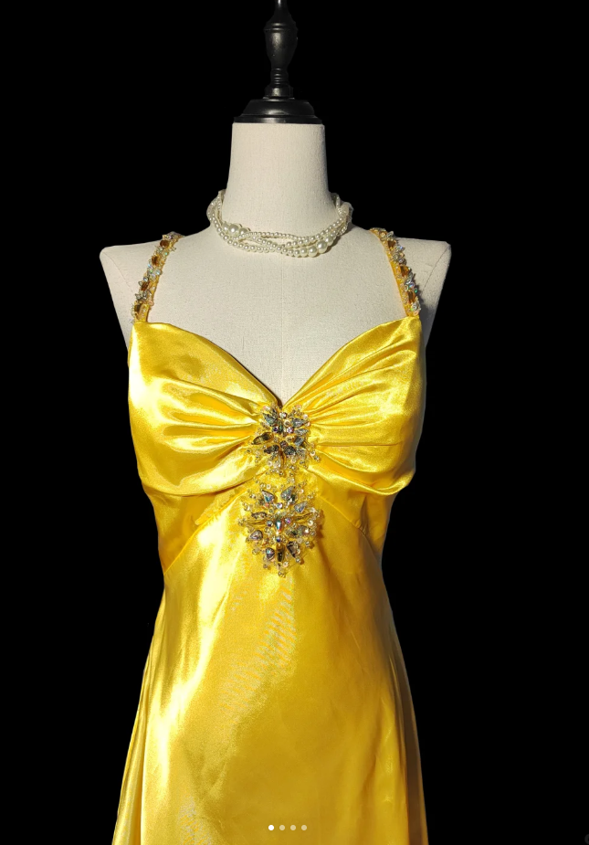 Pretty Yellow Satin Beaded Mermaid Evening Dress Backless Long Birthday Prom Dress SP475