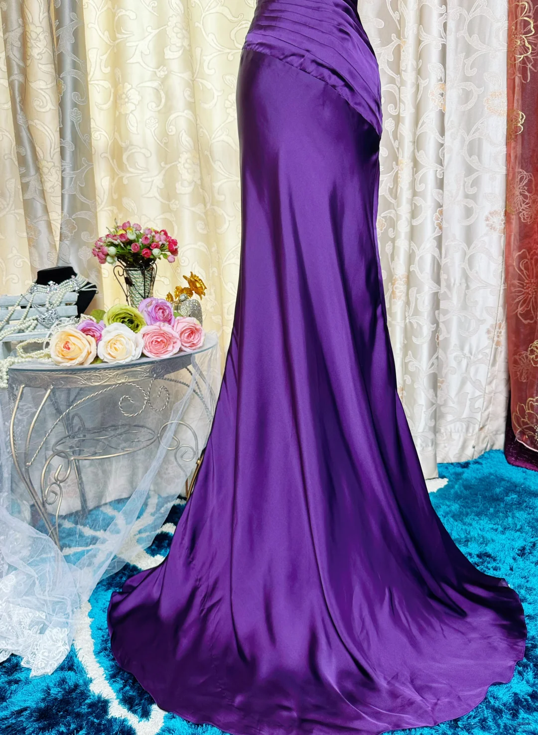 Sexy Spaghetti Straps Satin Pleated Slit Long Prom Dress Purple Mermaid Evening Gown SP2384