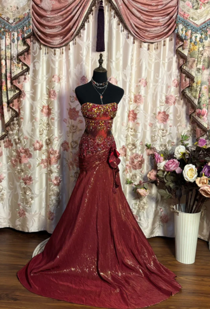 Retro Strapless Satin Beaded Mermaid Long Wedding Guest Dress Formal Evening Dress SP1606