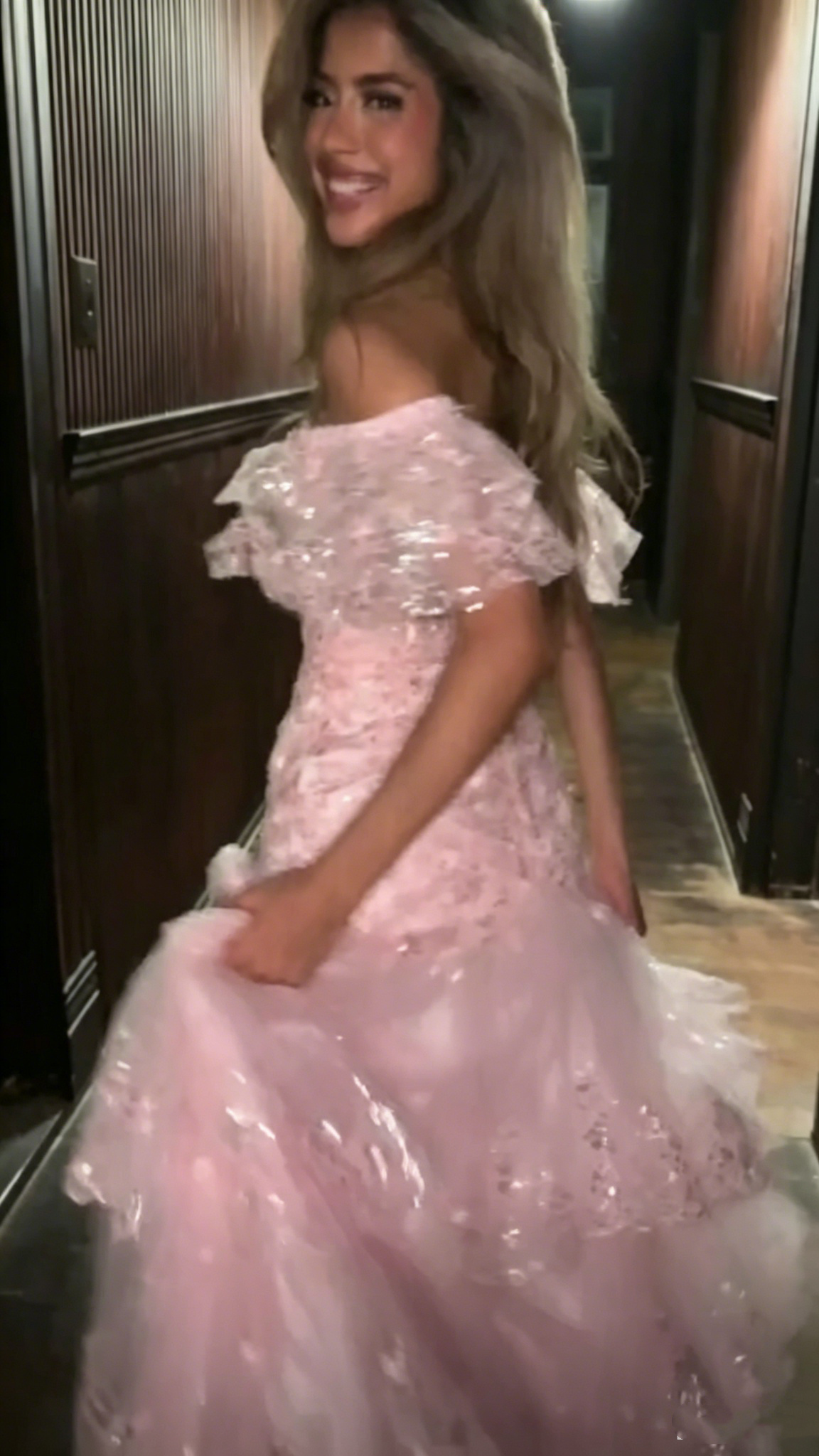 Charming Pink Off The Shoulder Tulle Sequin Layered Slit Long Party Dress Prom Dresses SP3373