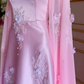 Luxury Pink Satin Long A Line Evening Dress Pretty Appliques Prom Dress  Y7591