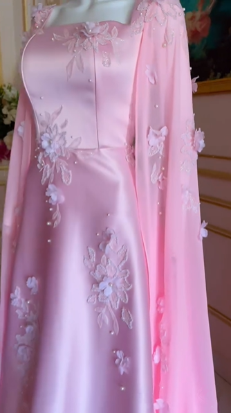 Luxury Pink Satin Long A Line Evening Dress Pretty Appliques Prom Dress  Y7591