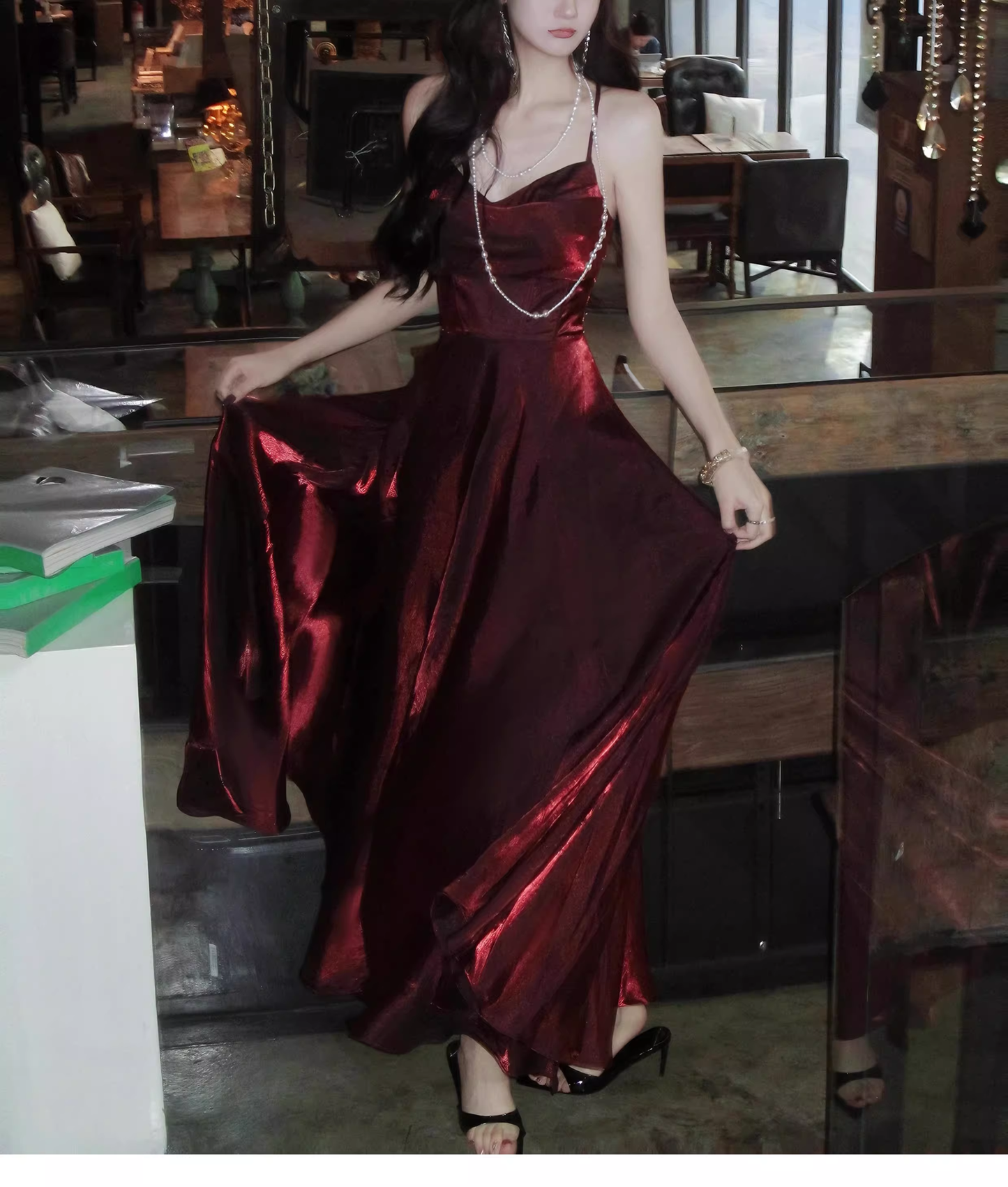 Elegant Burgundy V Neck Satin A Line Long Party Dress Birthday Dress SP1987